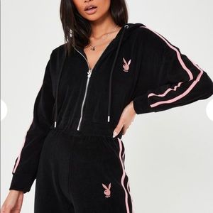 PLAYBOY x MISSGUIDED Black Velour Cropped Hoodie - Size 4/ XS/ S